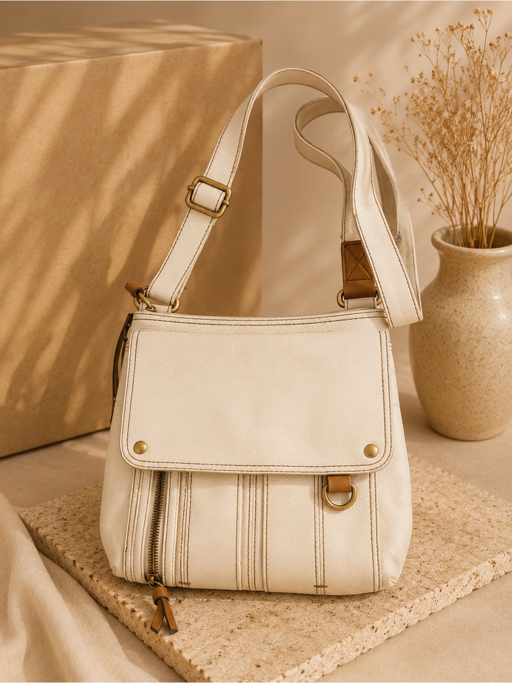 Fossil Cream Leather Crossbody with Gold Accents